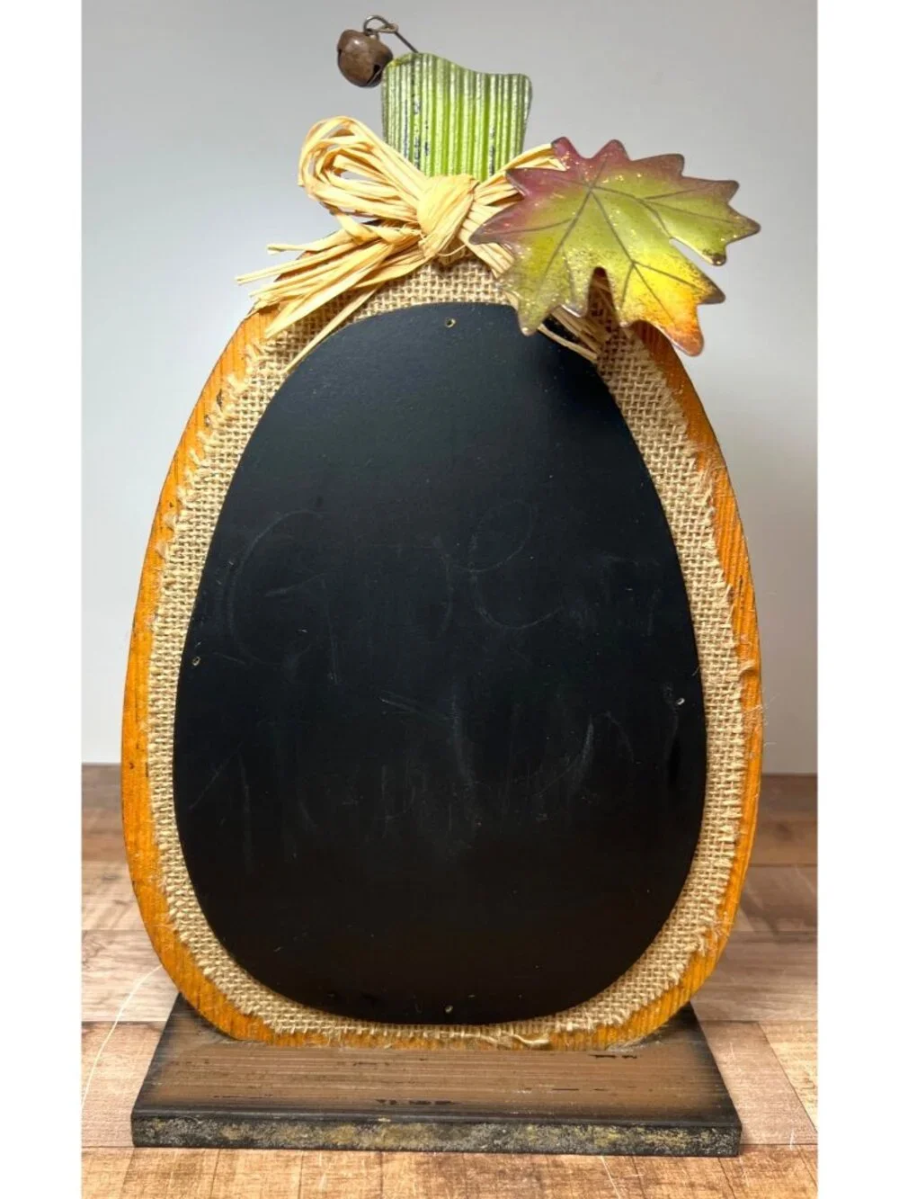 Wooden Pumpkin Shaped Chalkboard With Burlap Trim & Fall Leaf Accent